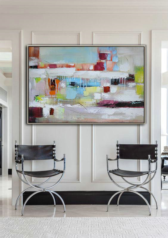 Handmade Large Contemporary Art,Oversized Horizontal Contemporary Art,Modern Art Abstract Painting,White,Purple,Yellow,Green,Red.etc